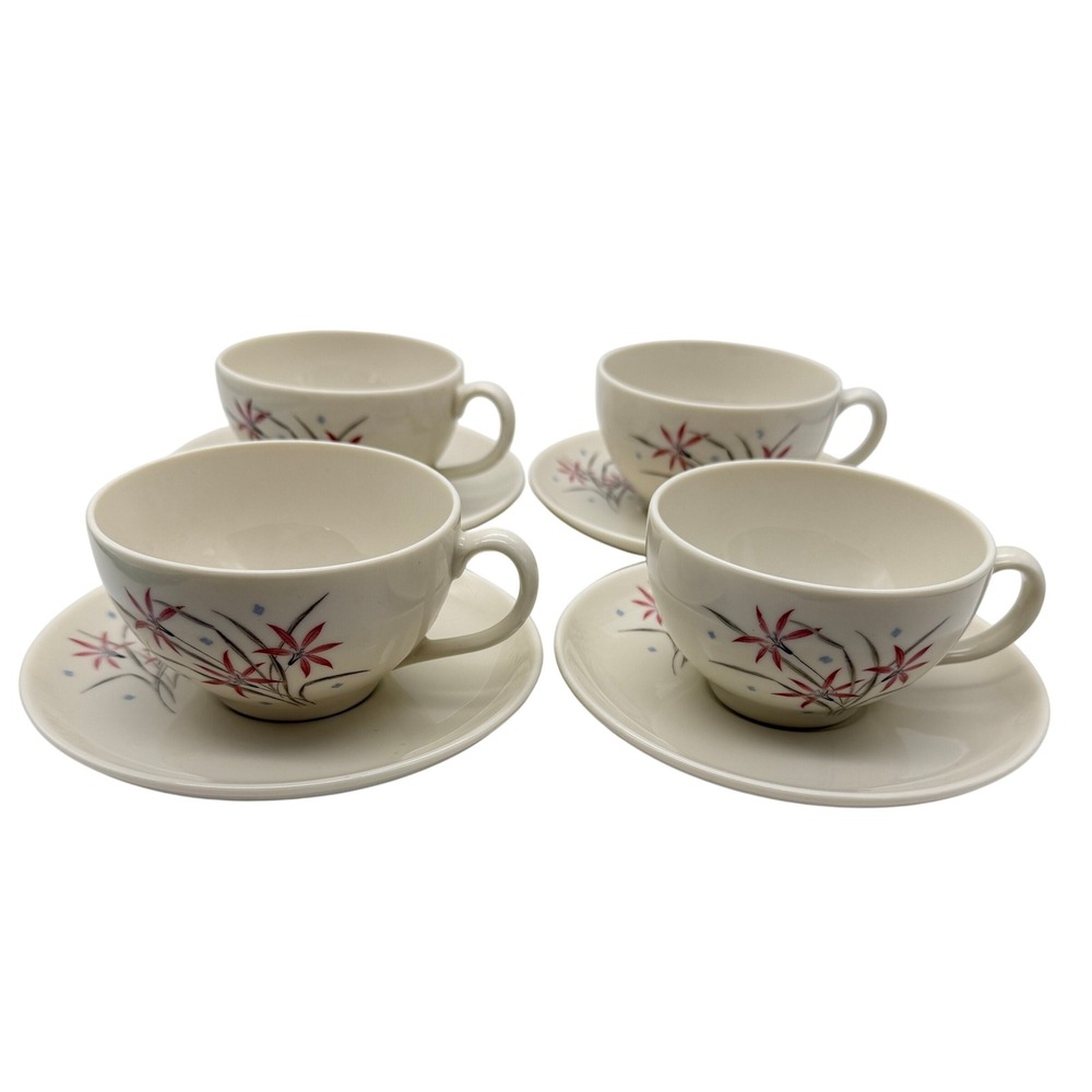 VTG Syracuse China Flame Lily Tea Cup Saucer Set of 4 MCM USA